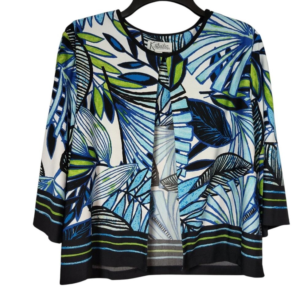 K Studio Women's Cropped Knit Cardigan Blue Print 3/4 Sleeves Size 14